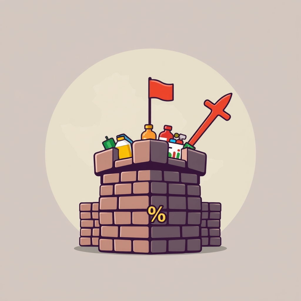 Sub-design 5: A stylized imposing wall or fortress being erected around a group of product icons or a simplified country outline. An incoming arrow (representing imports) is shown bouncing off this wall, which could feature a subtle '%' mark on its bricks.