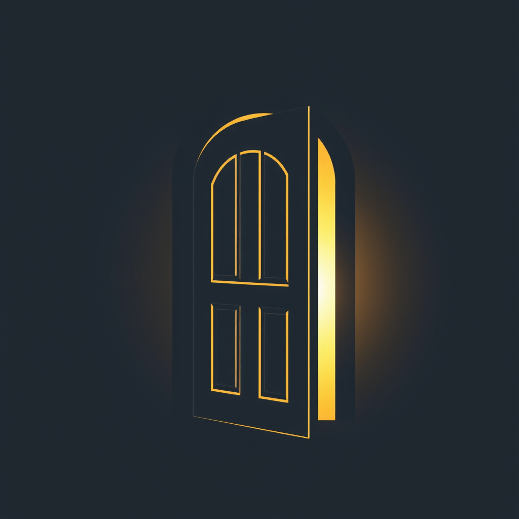 A stylized door with a soft, radiant light emanating from behind, suggesting warmth and welcome.