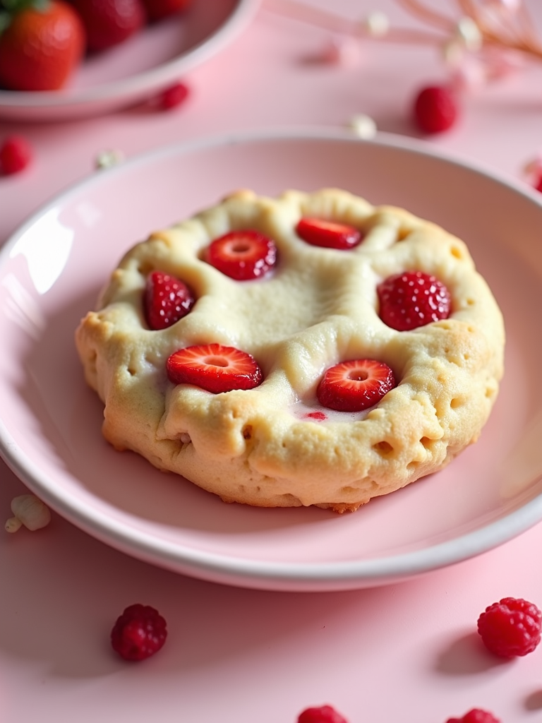 A circular cookie with a pale tan base, dotted with bright red, stylized strawberry pieces. The cookie should look slightly puffed and have a subtly crumbly texture. Use a soft, pastel color scheme to emphasize its vegan and delicate nature.