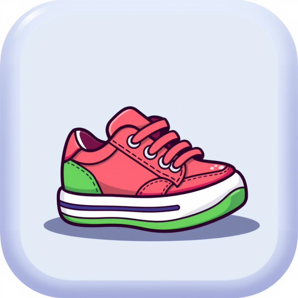 A cartoon-style shoe with bright colors and a playful design, like a small sneaker with bold laces.