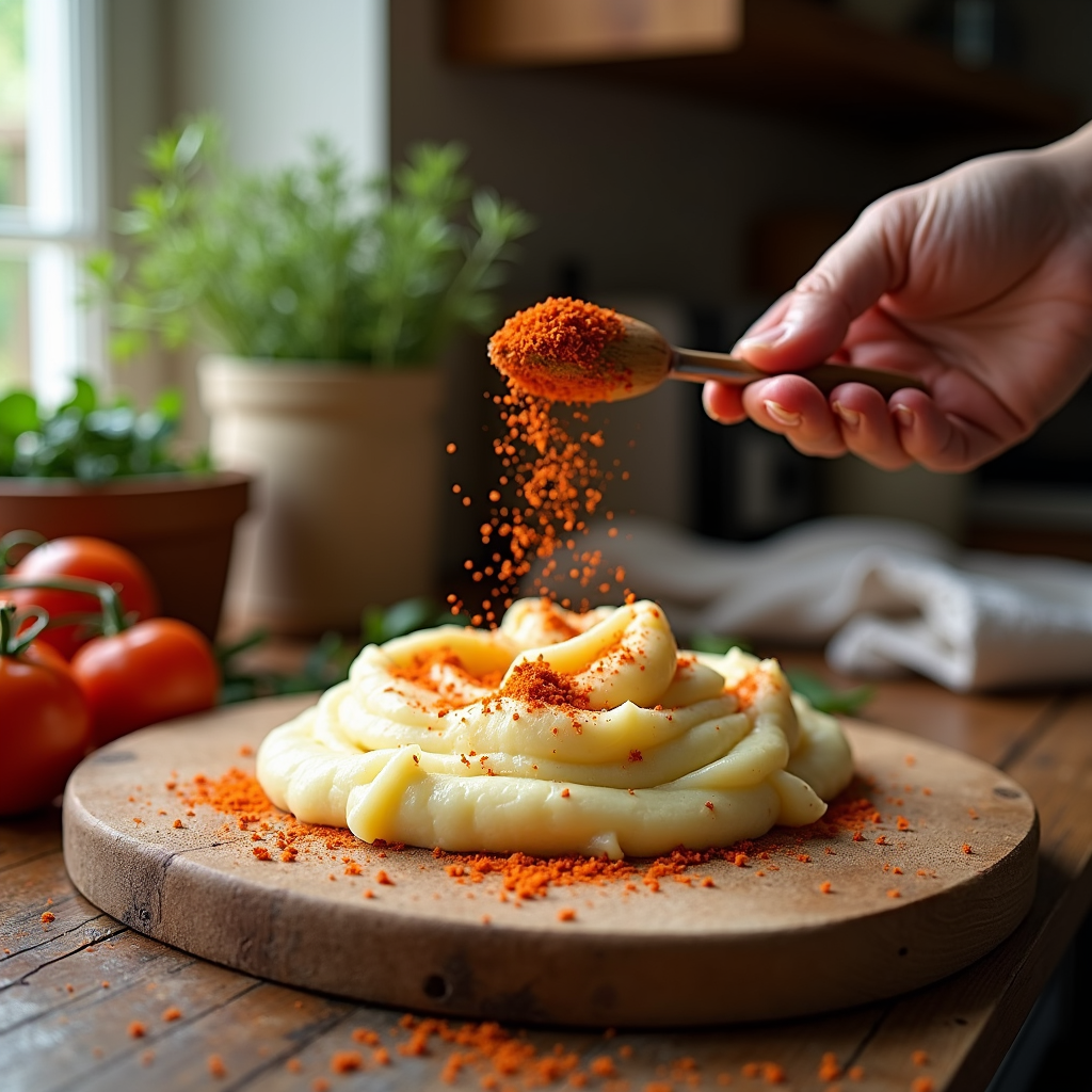 A rustic kitchen scene with mashed potatoes receiving a light dusting of smoked paprika, creating warm, inviting aromas on a wooden prep board.