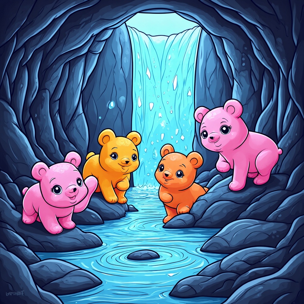 Gummy bears discovering a hidden cave behind a waterfall, with glowing crystals lighting up their adventurous faces.