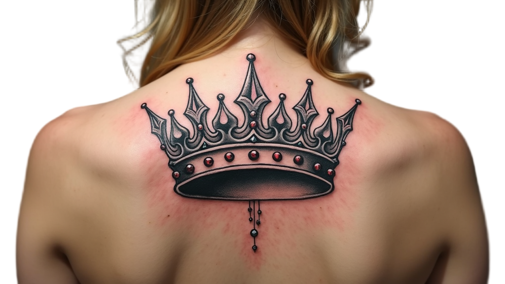 An image of a bold crown tattoo across the upper back, embellished with realistic shading and jewel-like dots that highlight royal charisma.