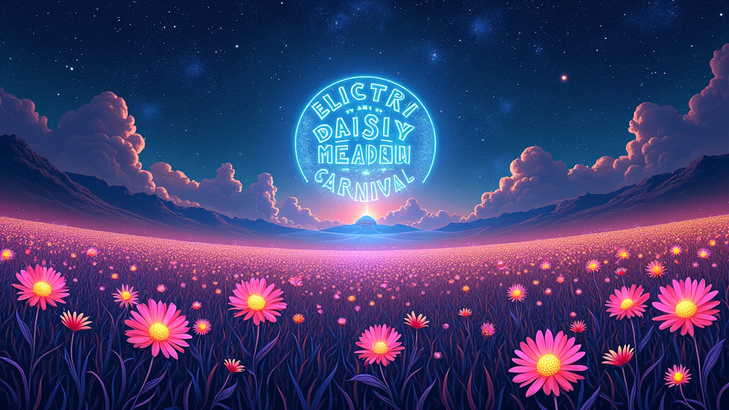 A surreal landscape design depicting the Cosmic Meadow under a vibrant, star-filled sky. Oversized, bioluminescent daisies dominate the foreground, with a distant, shimmering portal visible on the horizon. 'Electric Daisy Carnival' text could be integrated into the star patterns or landscape.