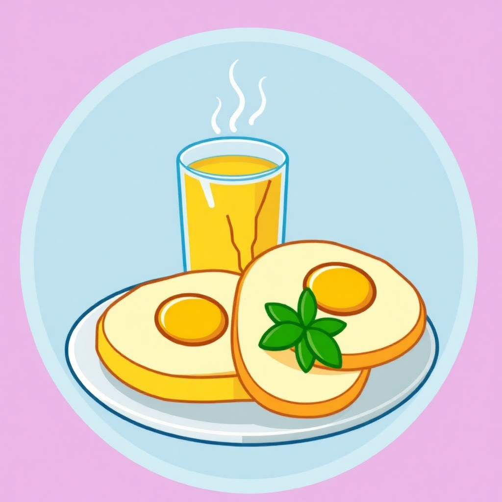 The image is an illustration of a plate with two fried eggs and a glass of orange juice. The plate is blue and the eggs are golden brown and appear to be freshly cooked. There is a sprig of mint on top of the eggs, adding a pop of green color to the plate. The glass of juice is filled to the brim with a yellow liquid and has a steam rising from it. The background is a light pink color.