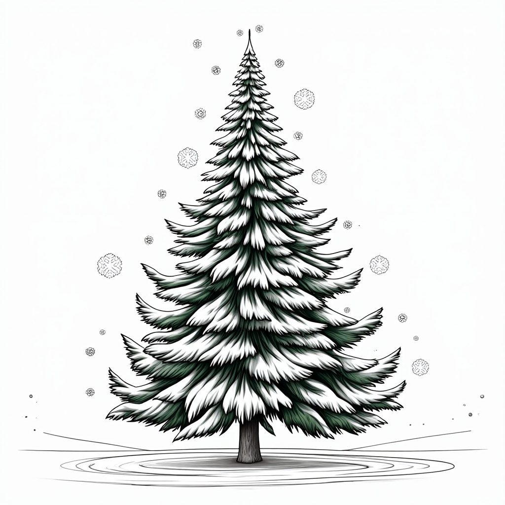 The image is a black and white illustration of a Christmas tree. The tree is tall and slender with a pointed top and a conical trunk. It is covered in snowflakes, giving it a wintery appearance. The branches of the tree are covered in a thick layer of snow, and there are small white snowflake-like decorations scattered around the base of the trunk. The background is plain white, making the tree stand out. The overall style of the illustration is simple and minimalistic.