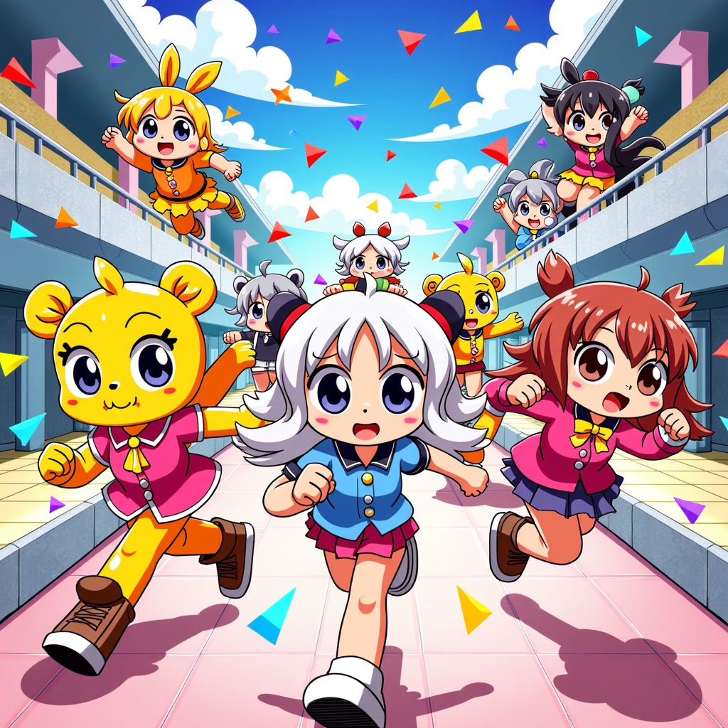 Mascot & OC Battle Royale: Illustrate Anime Central mascots and new original characters in a friendly, chaotic competition (e.g., a dynamic race or an over-the-top game battle) set within iconic convention locations, bursting with anime-style visual effects and energetic action.