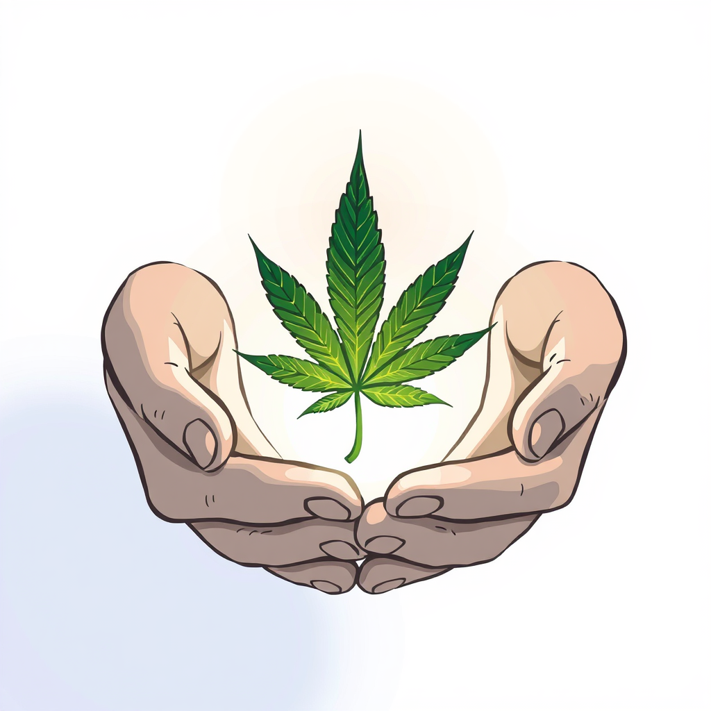 Sub-design idea 5: Play with 'light and shadow' to create a more illustrative and dimensional look, suggesting the cannabis leaf is a source of gentle light or healing energy, cradled protectively by the hands. This allows for a richer color palette.