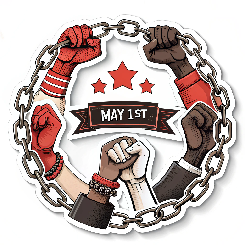 Sub-design 2: A continuous chain of clasped hands encircling a symbolic representation of a protest banner or a May 1st calendar date. Use strong, contrasting colors like red, black, and white.