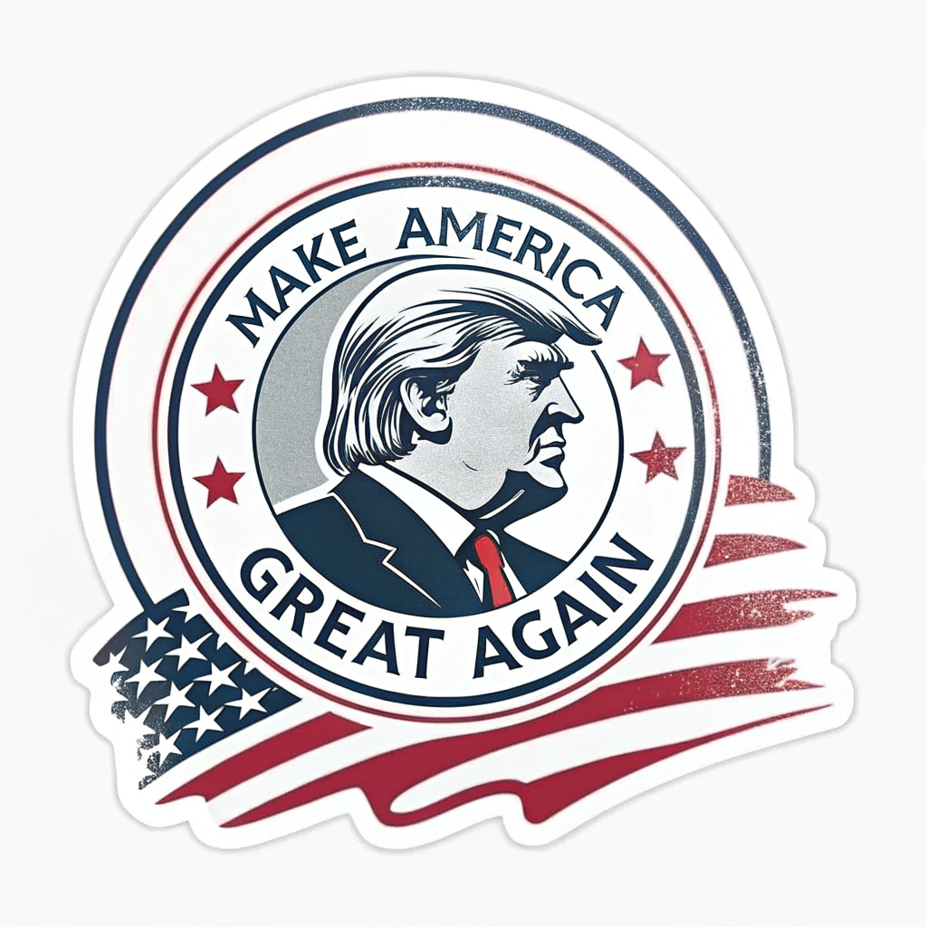 A sticker featuring a slogan associated with Donald Trump, like 'Make America Great Again', with a portrait or silhouette.