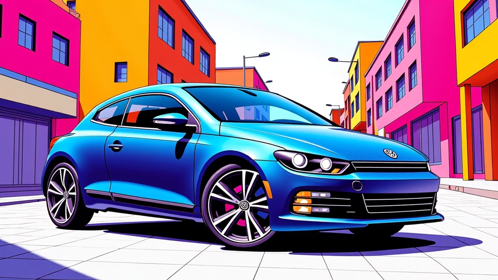 The image is a digital illustration of a blue Volkswagen Scirocco car parked on a street in front of colorful buildings. The car is a two-door coupe with a sleek and modern design. It has a large front grille with the Volkswagen logo in the center and silver alloy wheels. The buildings on either side of the car are painted in a variety of colors, including pink, orange, yellow, and blue. The street is lined with street lamps and there is a blue sky in the background. The overall mood of the image is vibrant and lively.