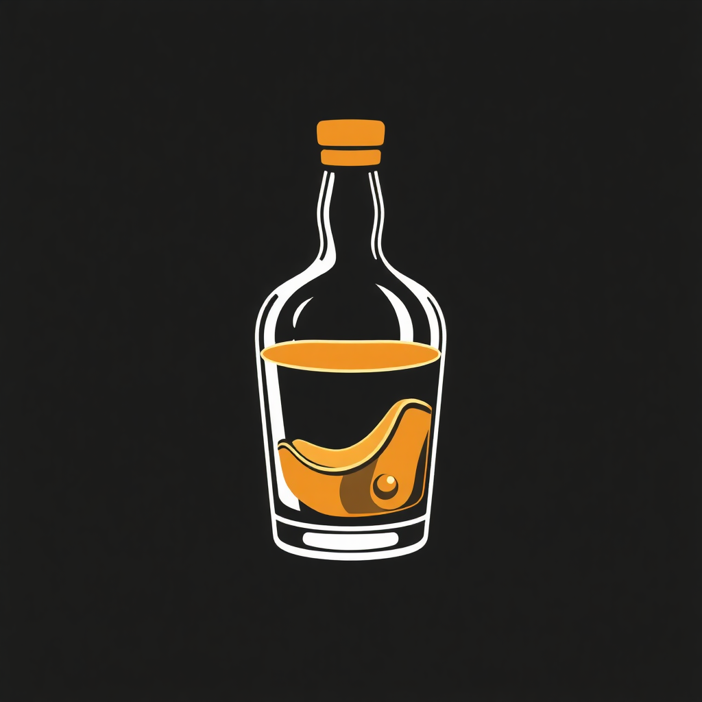 The image is a simple illustration of a glass bottle with an orange cap. The bottle is filled with a dark liquid, which appears to be whiskey or a similar type of alcoholic beverage. The label on the bottle is orange and has a curved shape with a small hole in the center. The background is black, making the bottle and its contents stand out. The overall design is simple and minimalistic.