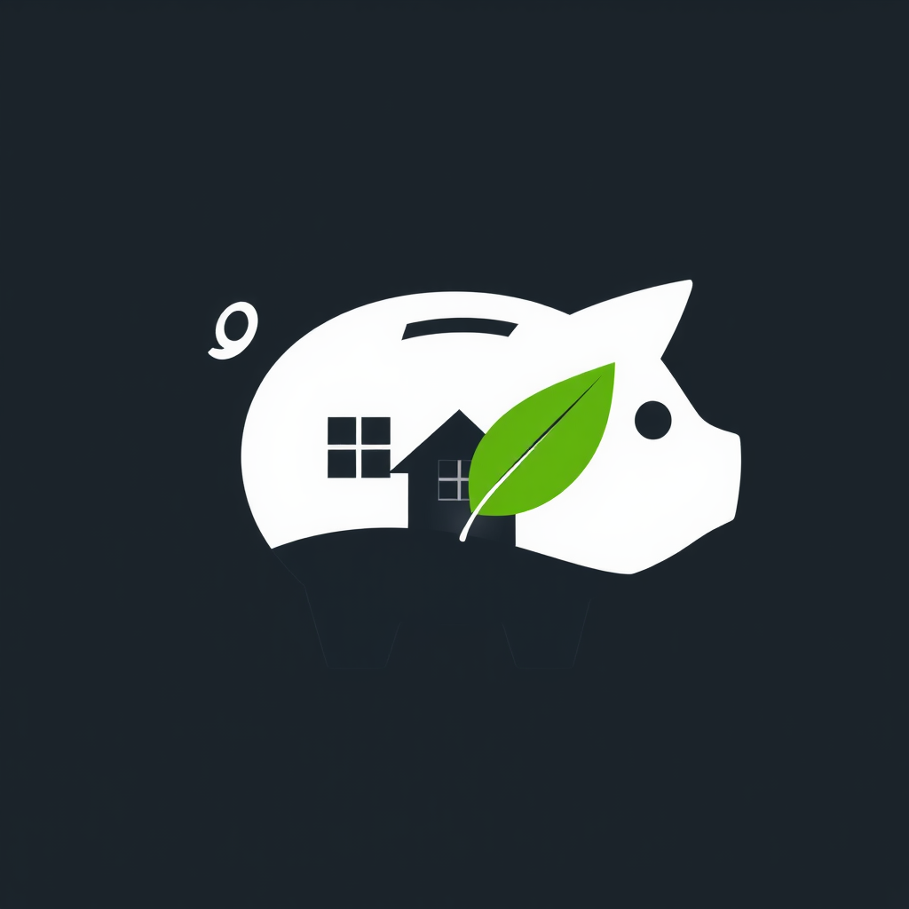 A piggy bank silhouette cleverly integrated with a house shape and a leaf emblem, directly communicating 'economical' and 'eco-friendly housing'.