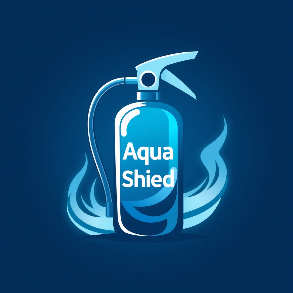 Abstract representation of a fire extinguisher using shades of blue and white to convey 'Aqua Shield'.