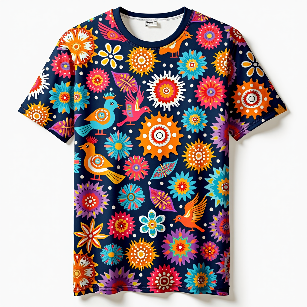 Repeating Papel Picado All-Over Print: A stylish all-over print T-shirt featuring a seamless pattern of smaller, varied Papel Picado shapes (birds, flowers, suns, geometric cutouts). The pattern can be either brightly colored or a more subtle tone-on-tone for a textured look.