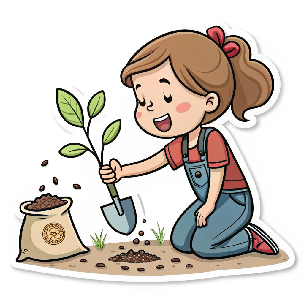 A simple icon showing a young girl planting a seed, representing investing in the future generation of women.