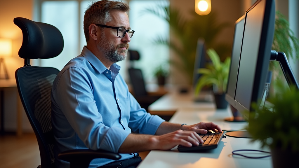Use a visual metaphor: Show a worker perfectly 'fitting' into their ergonomic workstation like a puzzle piece, symbolizing harmony and comfort. Tagline: 'Make Your Workspace Work For You'.