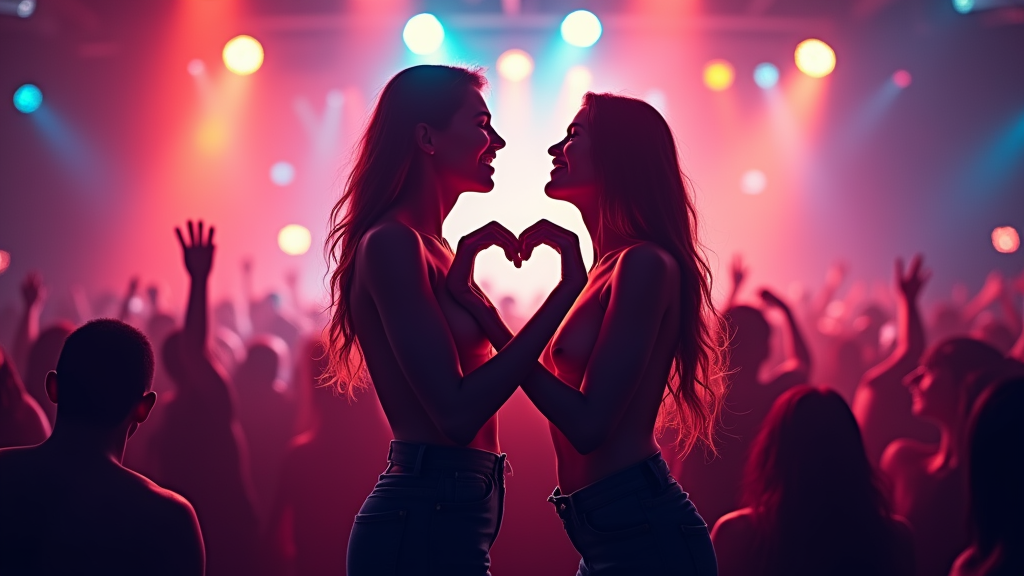 Sub Design 3: Intertwined silhouettes of two ravers forming a heart shape or a connected energy flow with their bodies, with subtle light trails emphasizing their movement and connection to the rhythm and each other.