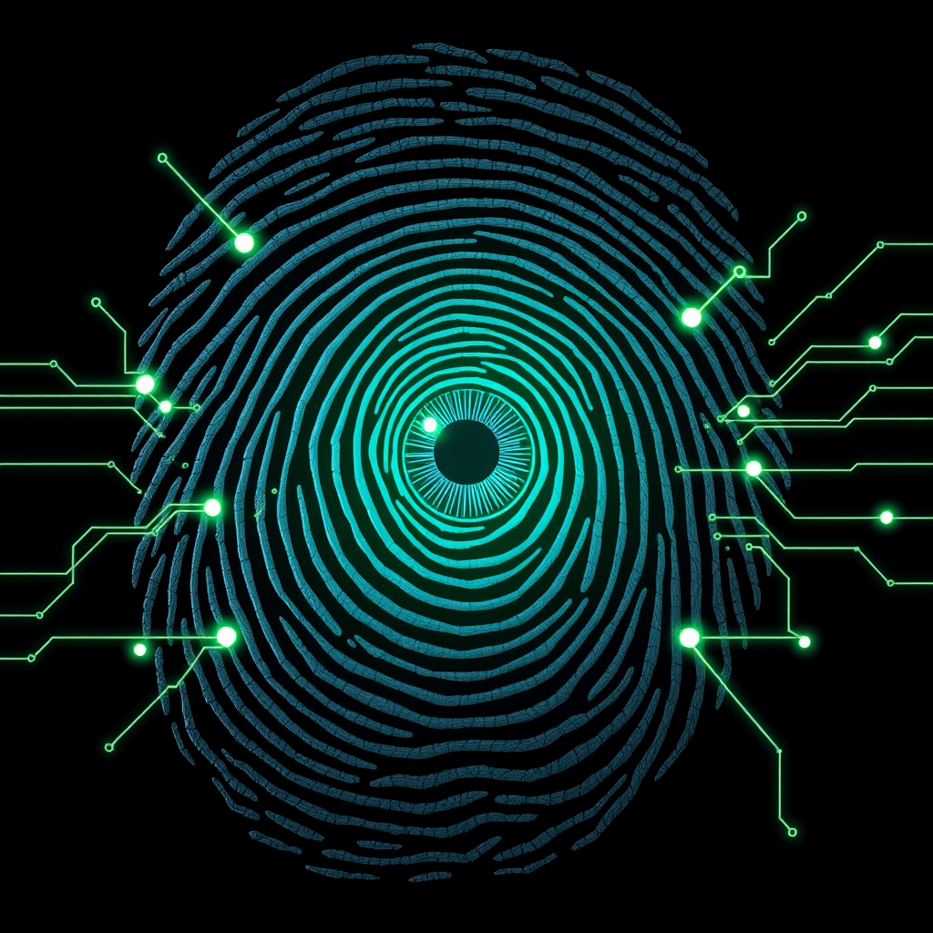 Sub-design 1 (Integrated Vision): A detailed fingerprint where the central whorl seamlessly transitions into the form of an alert eye. Fine, glowing circuit-board-like lines trace over the fingerprint ridges, indicating the digital nature of the biometric access.