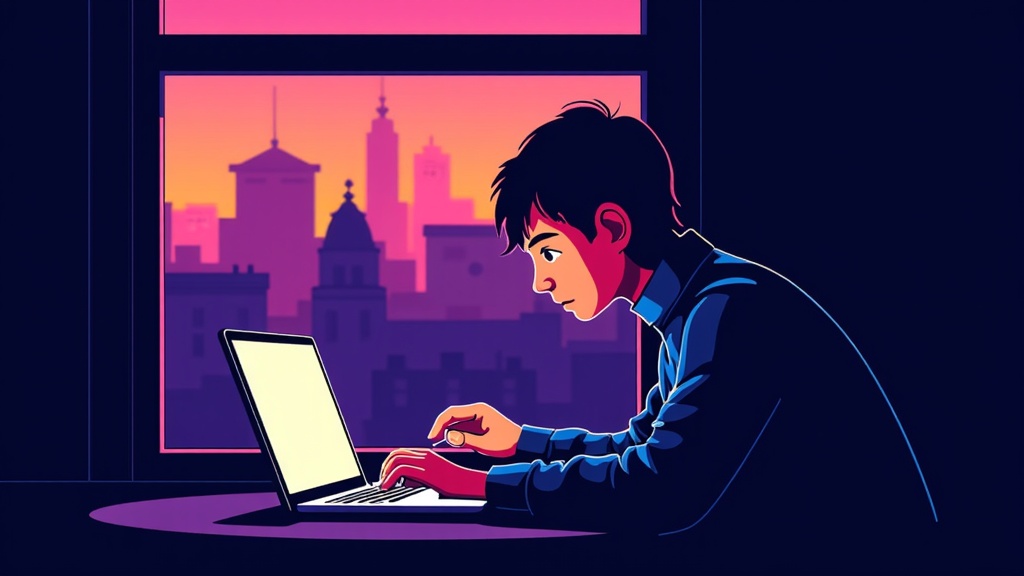 Glimpsed from a window, a person uses a flat design laptop in the evening glow. The backlit keyboard adds a futuristic touch to the low-light setting, enhancing productivity round the clock.