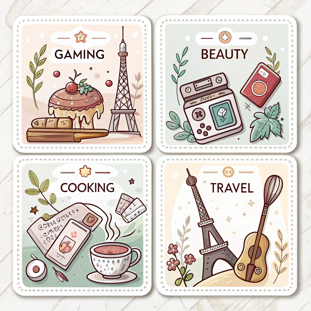 Thematic & Niche CTA Stickers: Design sets tailored to specific content creator niches (e.g., gaming: pixel art, 8-bit fonts; beauty: elegant scripts, pastel colors, glitter accents; cooking: rustic, handwritten fonts, utensil icons; travel: postcard-style, stamp motifs).
