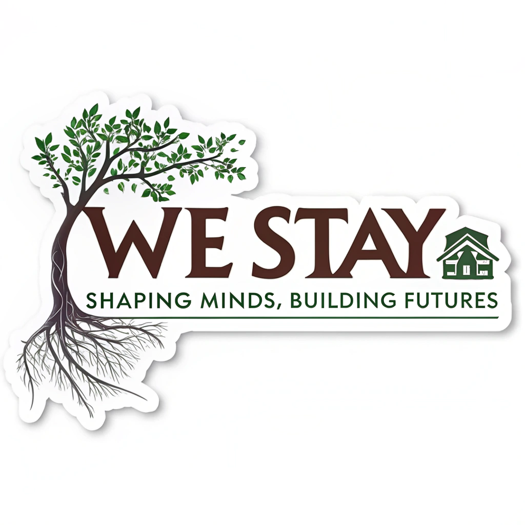 Simple Logo Idea: The phrase 'WE STAY' in a bold, enduring typeface, potentially with a stylized tree sapling or a subtle infinity loop integrated into one of the letters. The full tagline 'Shaping Minds, Building Futures' acts as a secondary element below or beside it.