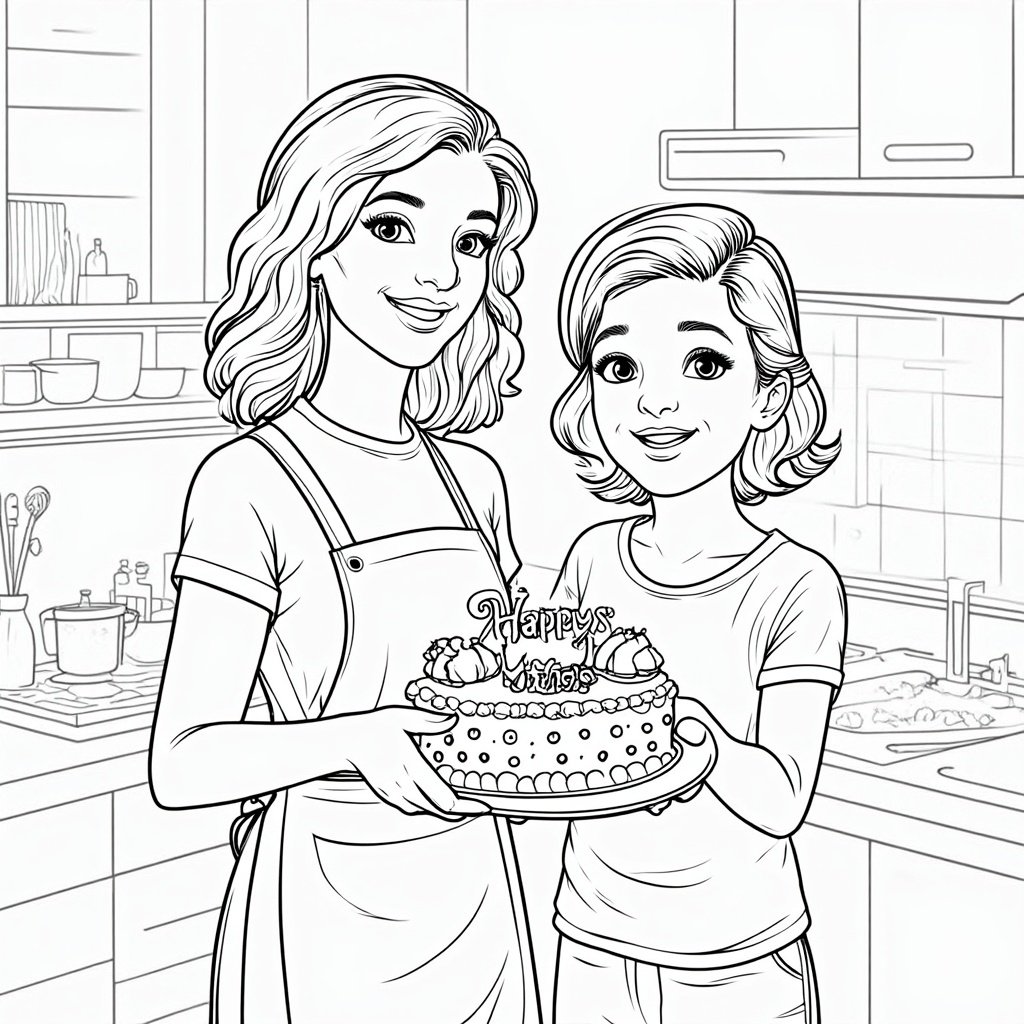 A proud moment where mom and child are presenting a beautifully finished baked good, like a cake or pie, perhaps with 'Happy Mother's Day' subtly incorporated into the design or background.