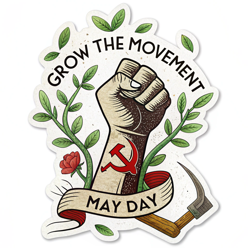 A raised fist intertwined with a growing plant or vine, symbolizing the growth and renewal of the workers' movement, alongside hope. A hammer and a sickle or wrench are placed at the base of the fist or integrated into the plant's design. Text: 'Grow the Movement - May Day'.