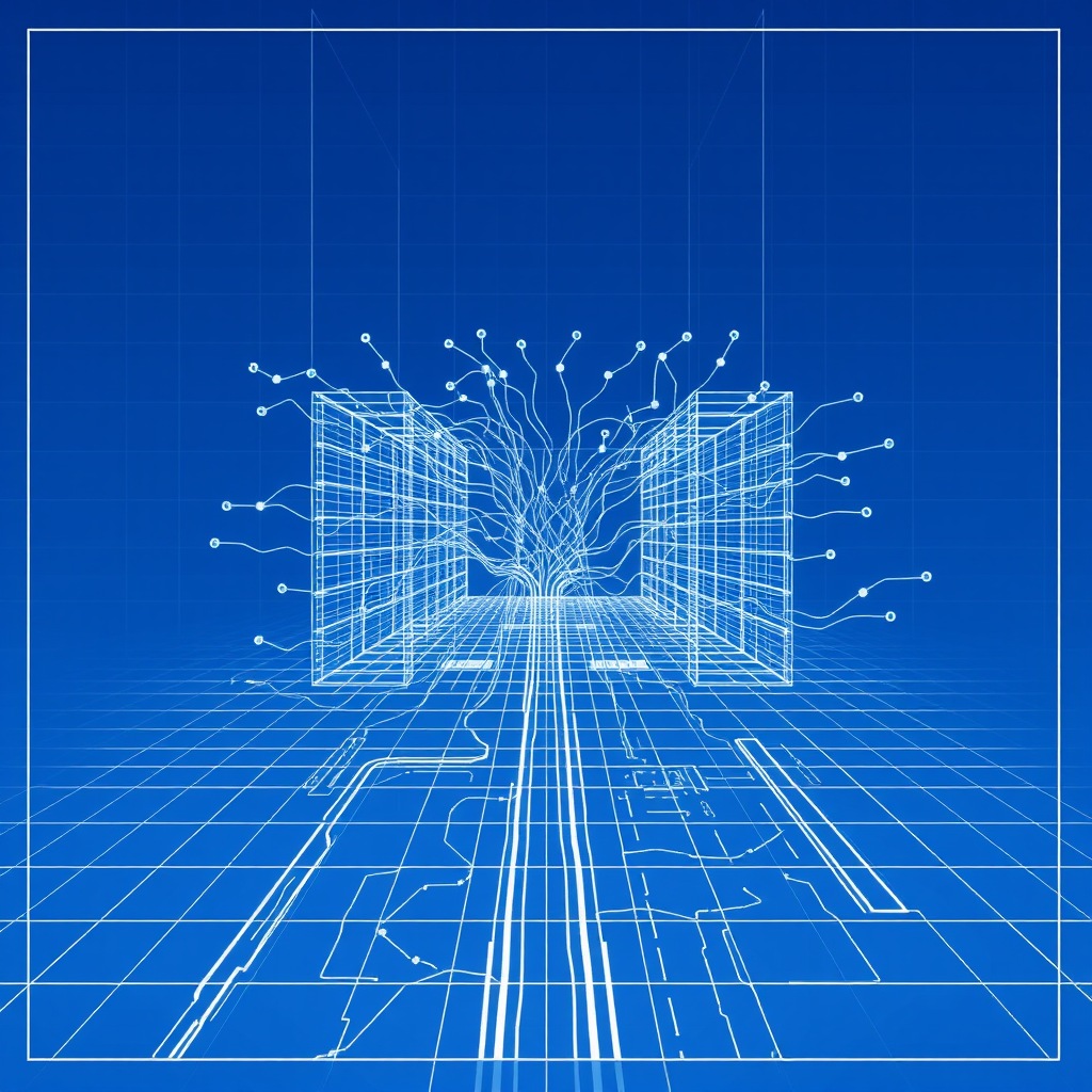Evolving Digital Blueprint: A visual narrative where a classic architectural blueprint (lines, grids) dynamically morphs or is 'redrawn' by organic, fluid AI-driven forms like neural pathways or intelligent data streams.