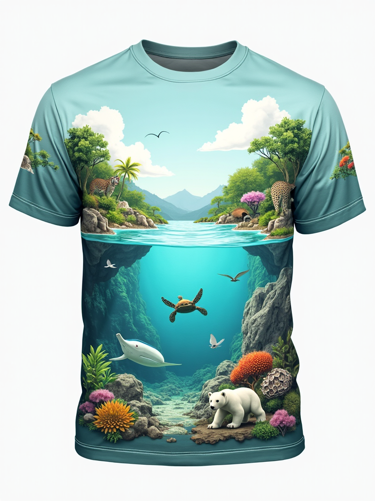 Endangered Habitats Panorama: A panoramic illustration wrapping around the T-shirt (or on front/back) showcasing specific endangered habitats (rainforest, coral reef, arctic tundra) with their key endangered species subtly integrated. A small text block names the habitat and species, with 'Earth Day: Save Their Homes, Save Our World'.