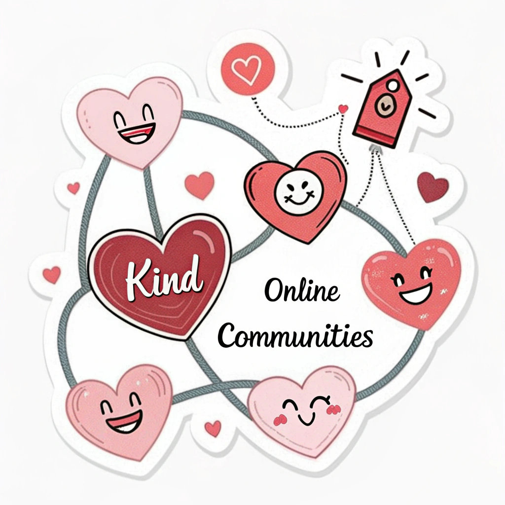 Design a series of stickers where interconnected hearts form a network or a chain, symbolizing supportive online communities built on kindness. Each heart could feature a different positive emoji or a kind word.