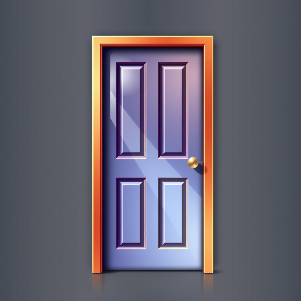 An icon of a door with a transparent glass panel, using a gradient to create a reflective effect, giving a 3D effect to the door.