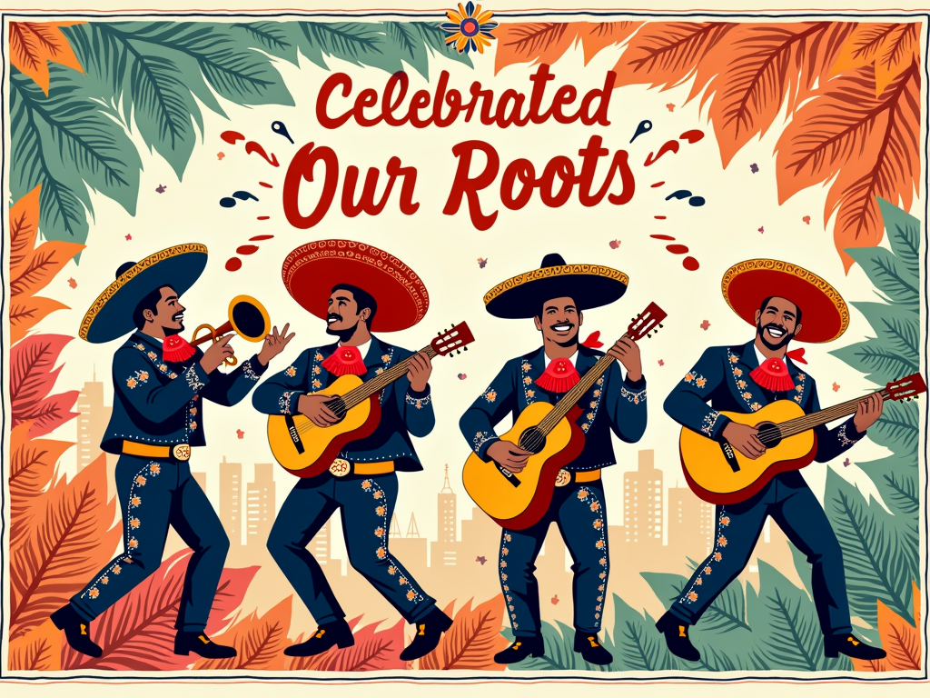Papel Picado & Instruments: Design incorporating traditional papel picado patterns, with cutouts revealing mariachi instruments or musicians within the designs. Text: 'Celebrating Our Roots: Mariachi Fiesta'.