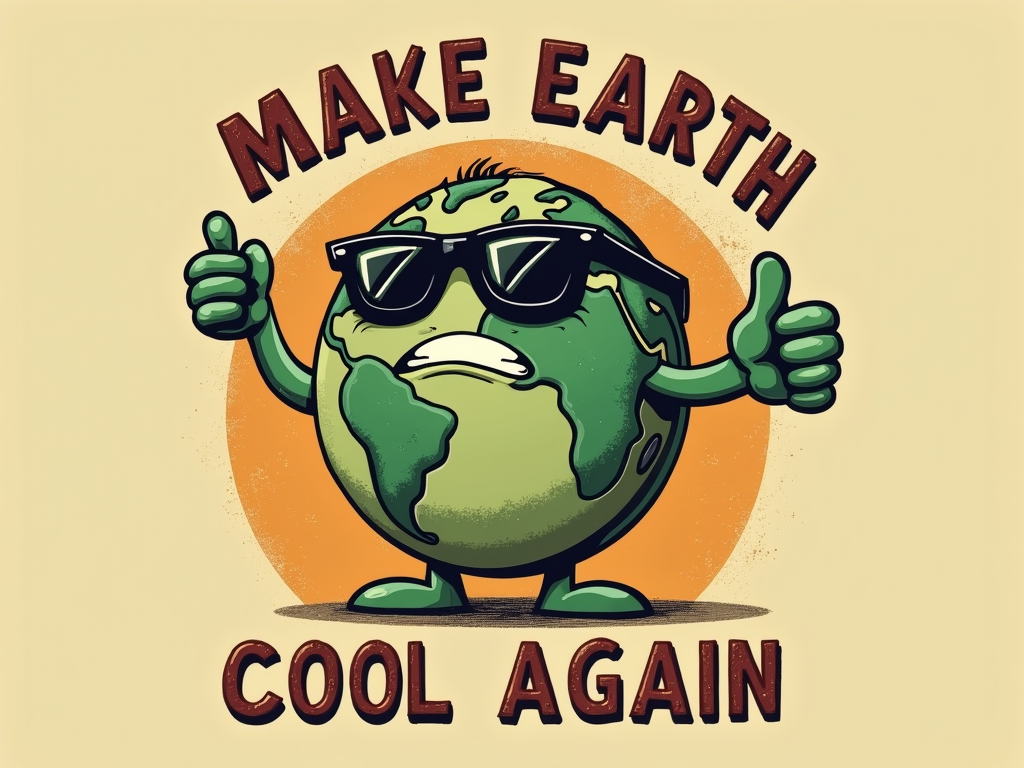 A design mimicking a vintage protest or public service announcement poster from the 1960s/70s. Feature a stylized Earth graphic with a worried expression turning cool (e.g., adding sunglasses or a thumbs up), with 'Make Earth Cool Again' in bold, retro sans-serif or slab-serif typography. Employ a limited, slightly distressed color palette (e.g., avocado green, harvest gold, burnt orange).