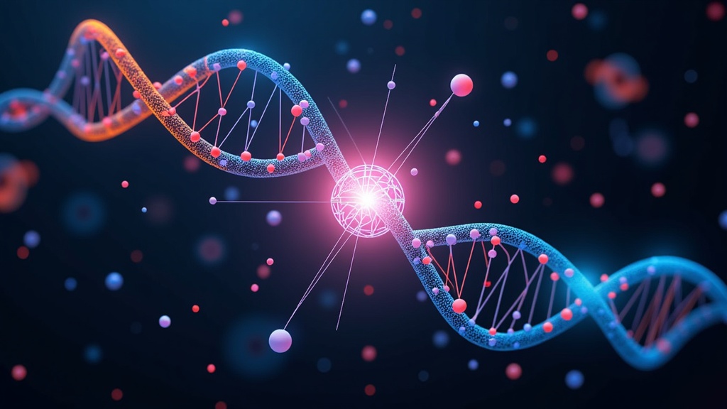 A central, glowing AI core (geometric or abstract neural net) from which luminous data tendrils extend to interact with a complex, rotating 3D DNA helix. Emerging from this interaction are newly formed, precisely structured drug molecules, highlighted against a backdrop of subtle cellular imagery.