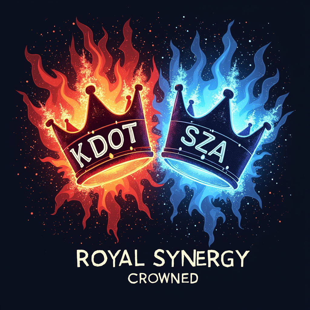 Abstract Energy Crowns: Instead of literal crowns, their 'crowns' are represented by vibrant, abstract bursts of energy or light emanating from their heads, colored in distinct but complementary palettes (e.g., Kendrick's more fiery, SZA's more ethereal). Their names 'K.DOT' and 'SZA' are integrated into these energy forms, with 'ROYAL SYNERGY CROWNED' in bold, modern typography.