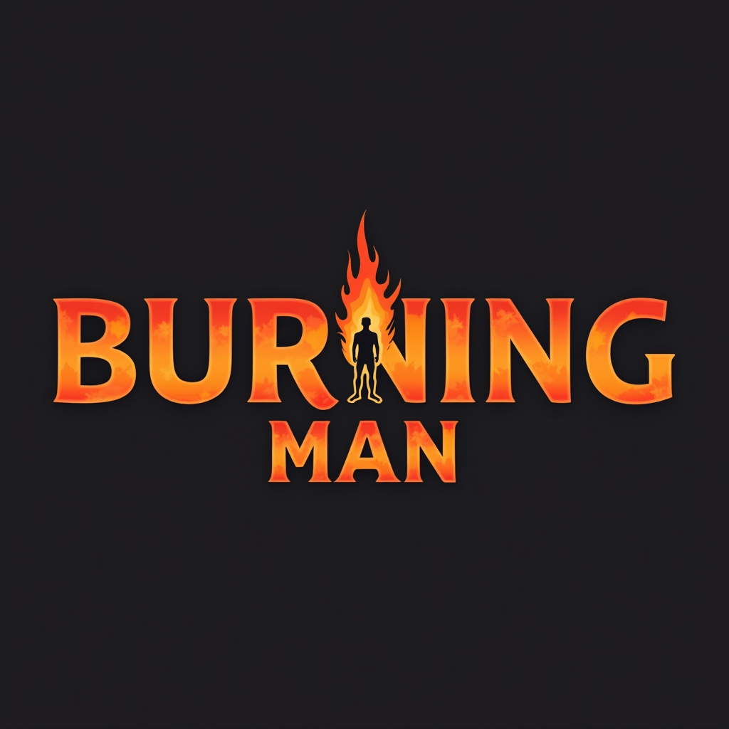 Simple Logo Idea for The Man Effigy: The words 'BURNING MAN' in a strong, geometric uppercase font. The Man effigy silhouette subtly replaces the letter 'A' in 'MAN' or stands beside 'BURNING', with a warm orange-to-red gradient fill only within the effigy or as an underline to the text.