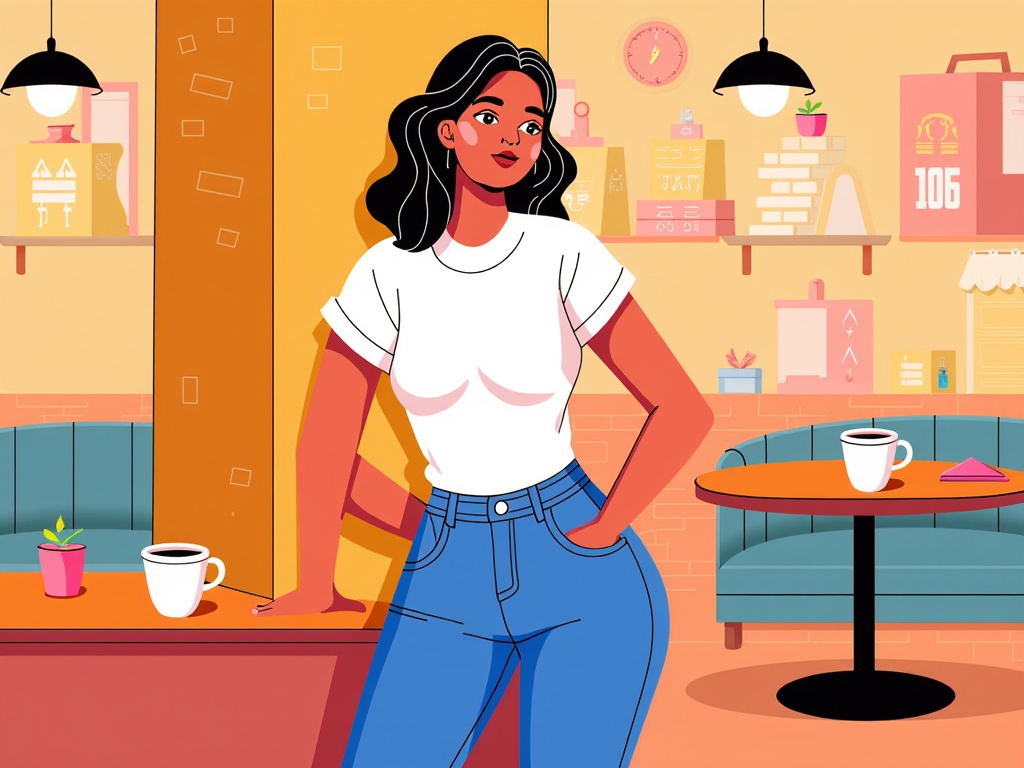 The image is an illustration of a young woman standing in a coffee shop. She is wearing a white t-shirt and blue jeans. She has long dark hair and is standing with her hands in her pockets. The background of the image shows a colorful interior of the shop with a brick wall, a blue sofa, a coffee table with two cups of coffee, and shelves with various items on them. There are also two pendant lights hanging from the ceiling. The overall style of the illustration is cartoon-like and playful.