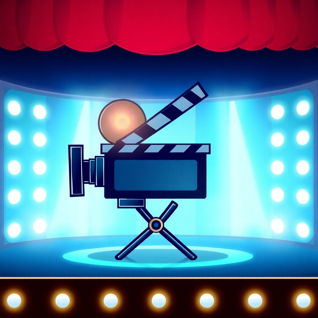 The image shows a movie clapboard on a stage with a red curtain in the background and lights illuminating the scene.