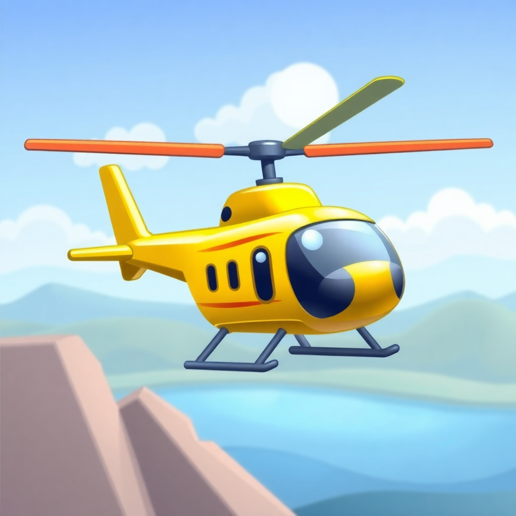 The image is a digital illustration of a yellow helicopter flying over a mountainous landscape. The helicopter is in the center of the image, with its body facing towards the right side of the frame. It has two orange propellers on either side of its body, and a black nose and windows on the front. The background shows a clear blue sky with white clouds and a mountain range in the distance. The mountains are covered in greenery and there is a body of water below. The image appears to be taken from a low angle, looking up at the helicopter.