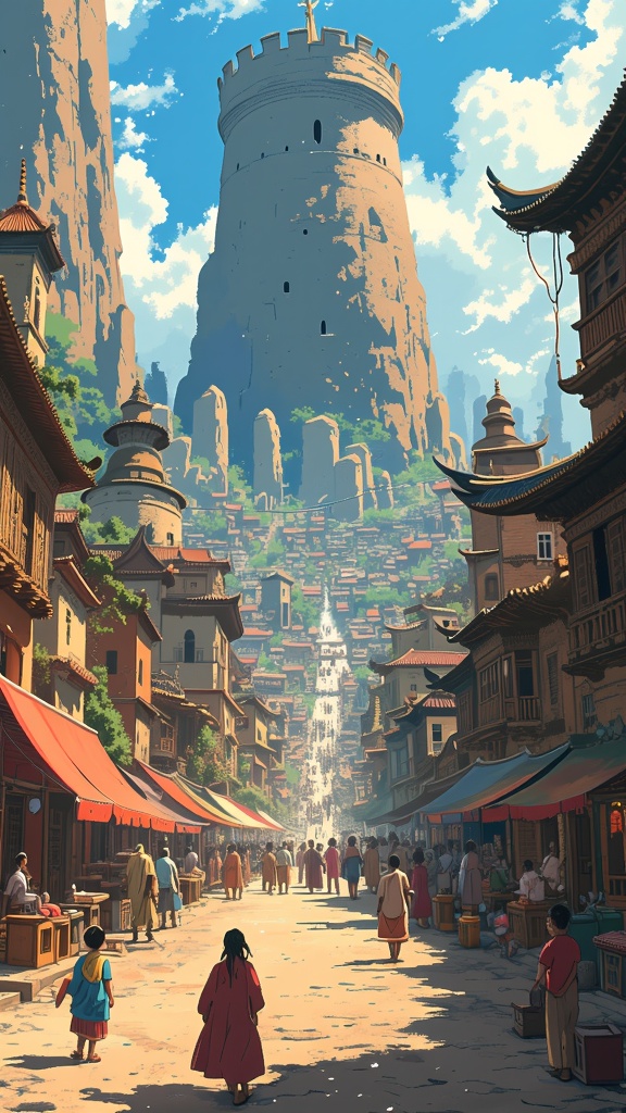 The grand city of Ba Sing Se, with its towering walls, bustling streets, and diverse inhabitants, illustrating the vastness of the Earth Kingdom.