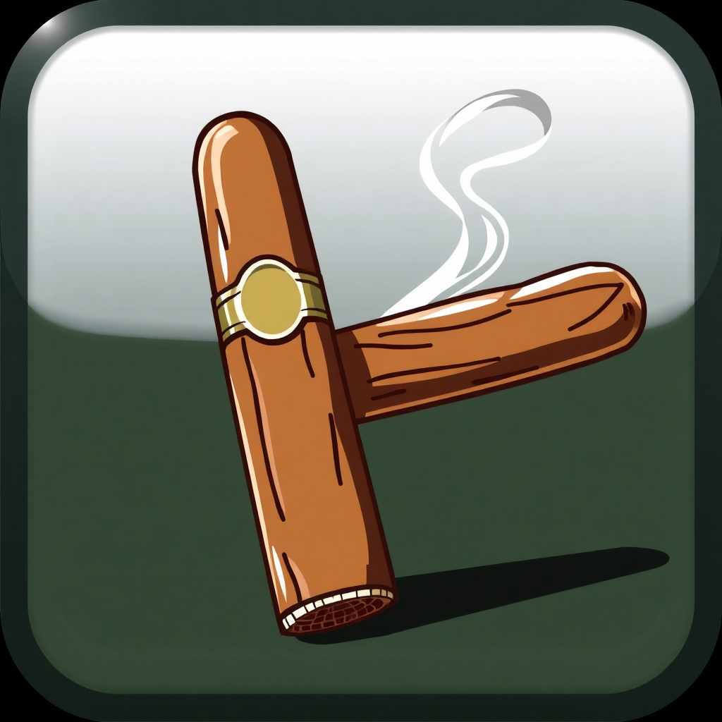 The image is a square icon with a green background. In the center of the icon, there is a cigar with a gold-colored band around the middle. The cigar is lying on its side with a white smoke coming out of it. The smoke appears to be coming from the cigar. The overall design is simple and cartoon-like.