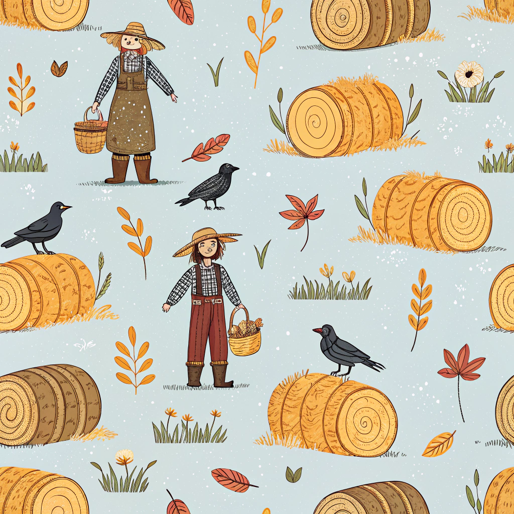 Richly designed Thanksgiving pattern featuring motifs like scarecrows, crows, and bales of hay in a charming farm setting. The elements are adorned in earthy tones against a pale blue background, creating a picturesque narrative of the rural and humble origins of Thanksgiving.