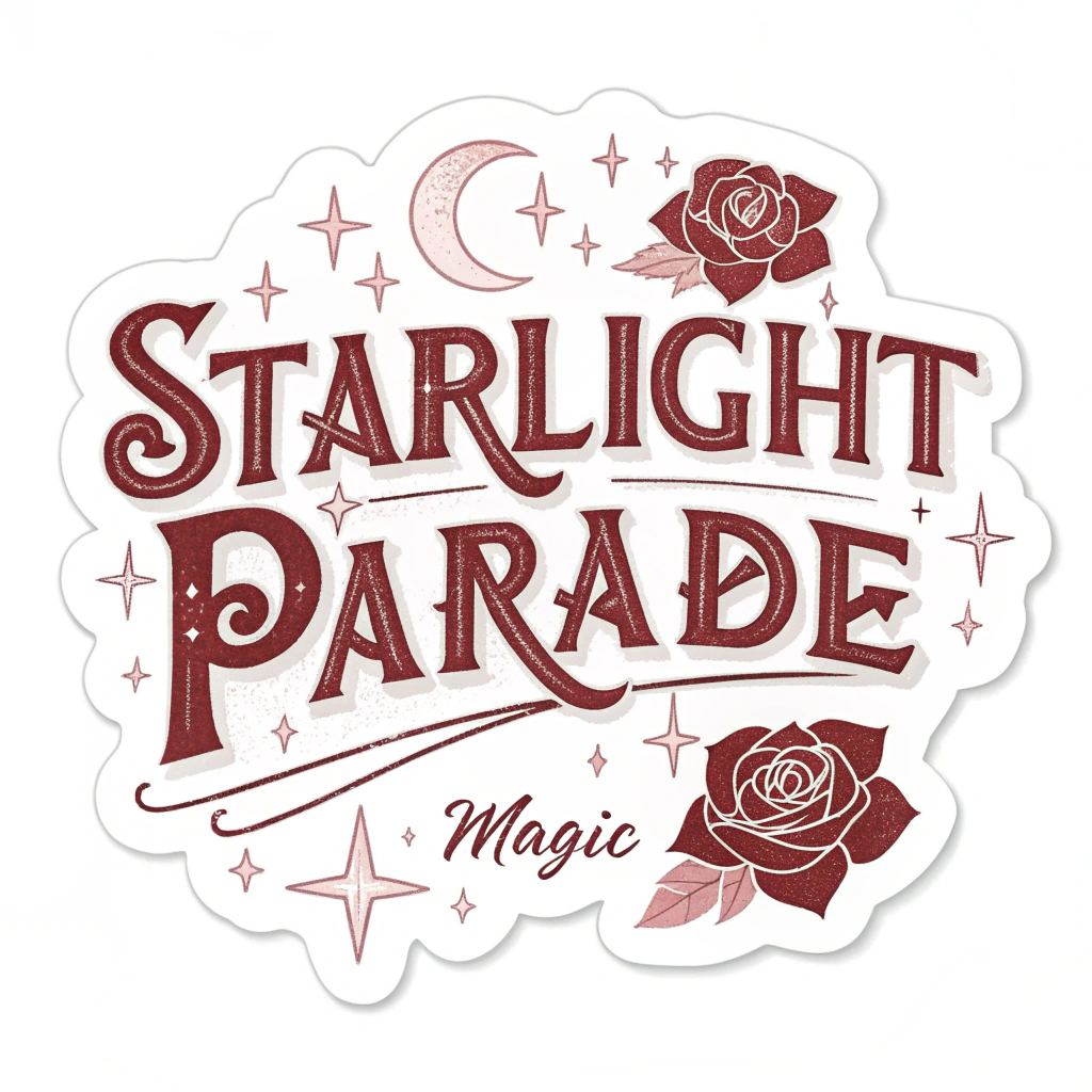 Sub-design Idea 4: A typographic design with the words 'Starlight Parade' in a bold, retro-futuristic font, with stars integrated into the letters and a subtle rose motif. 'Magic' could be a smaller, shimmering script word.