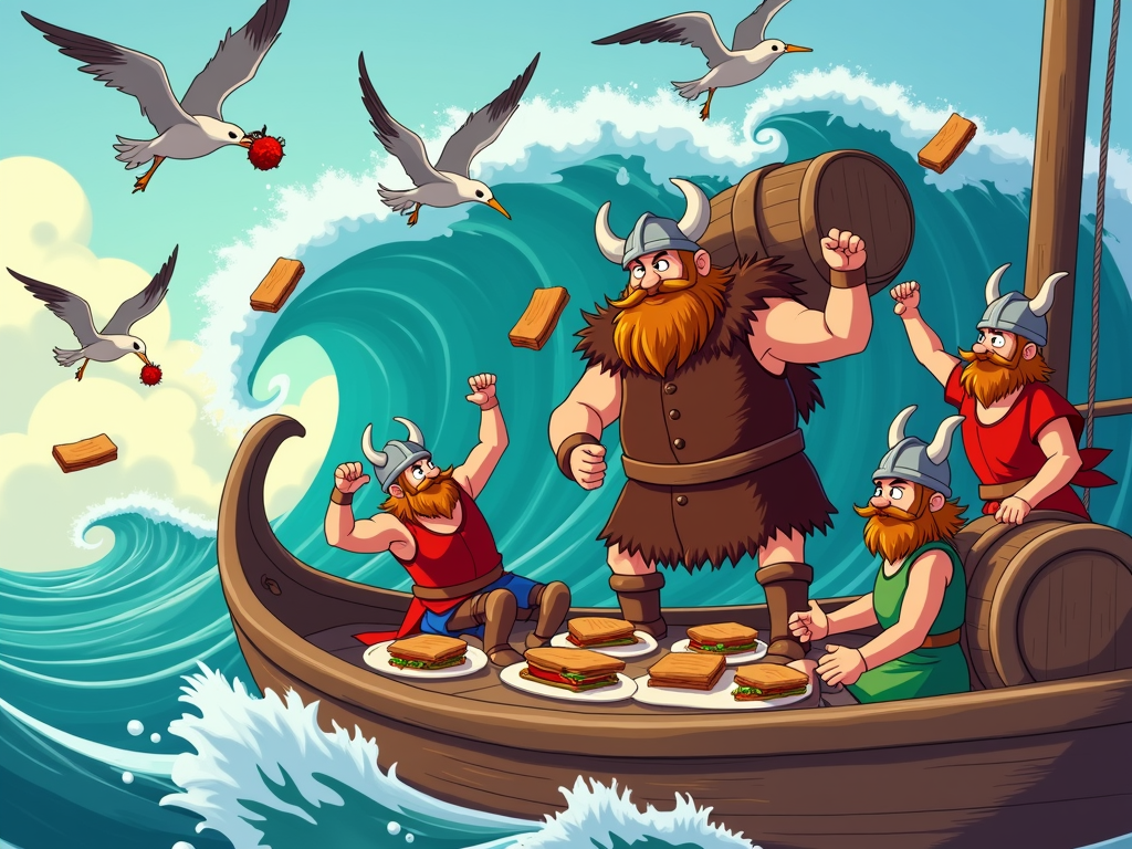 A boat full of Vikings trying to have a picnic on a rough sea. Sandwiches flying everywhere and one Viking is trying to balance a large keg of mead.