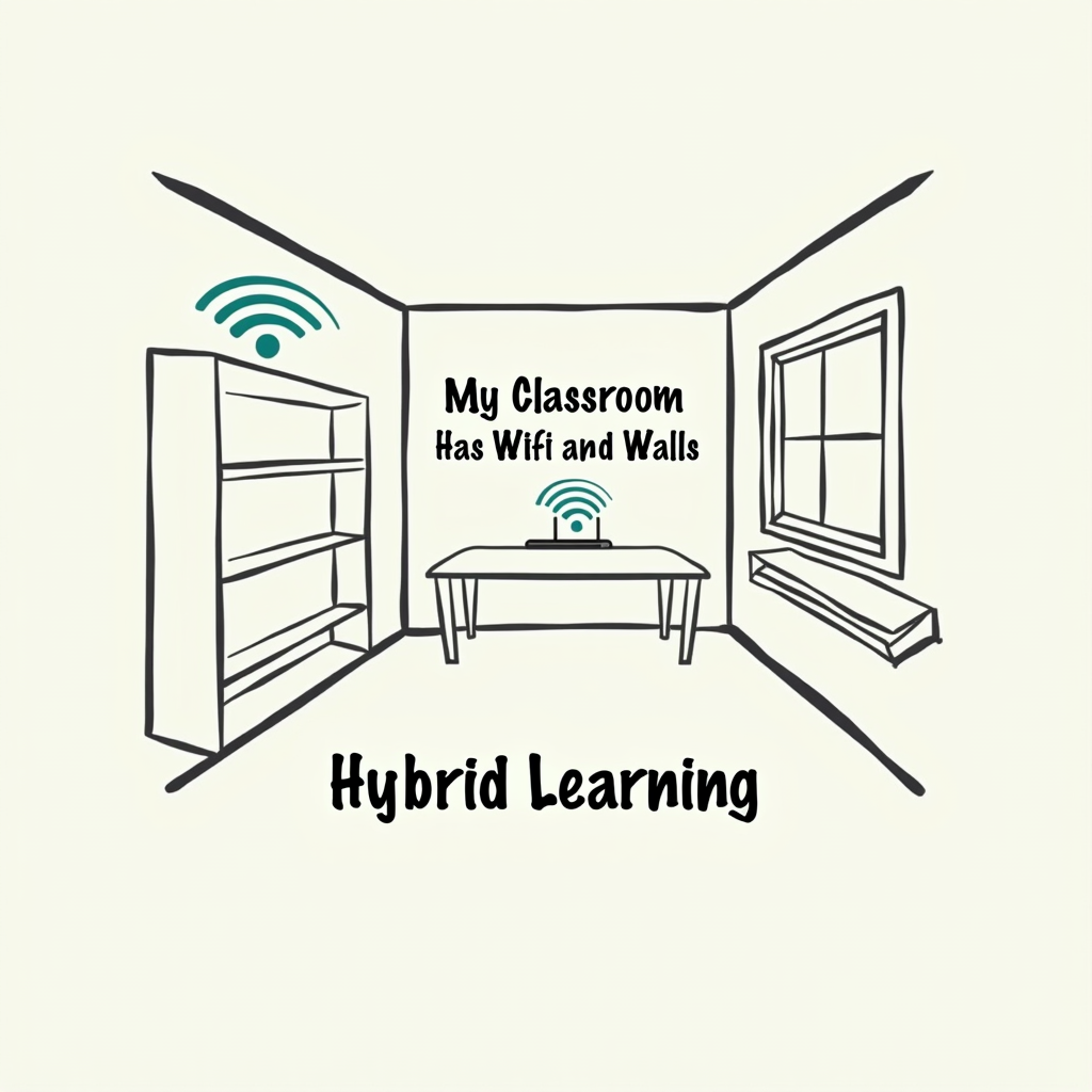 The Learning Space Defined: A minimalist outline of a room. Inside, one corner shows a router with Wi-Fi signals, and another corner shows a bookshelf or a window looking out. The slogan 'My Classroom Has Wi-Fi and Walls' is typeset cleanly within the room outline or just below. 'Hybrid Learning' is presented as a concise title.