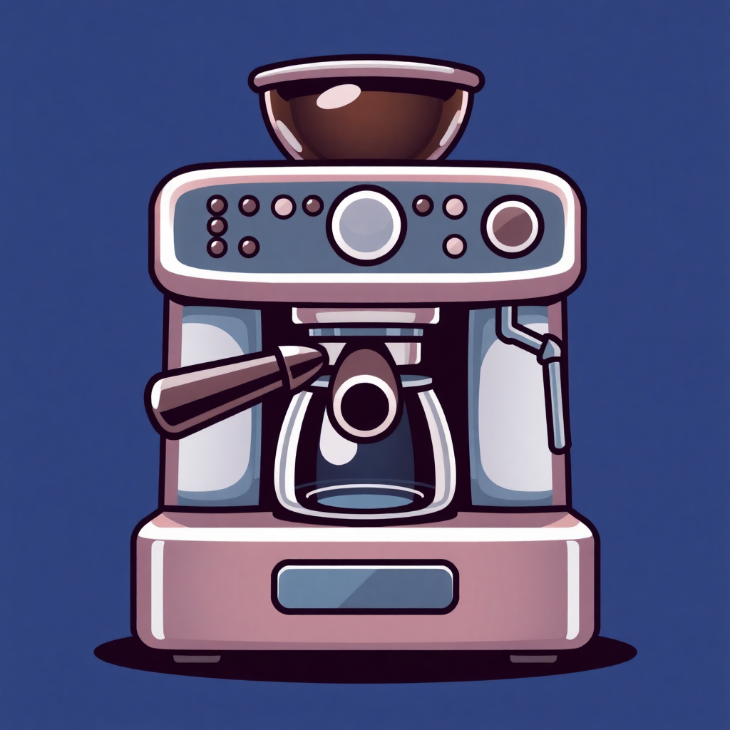 The image is a digital illustration of a coffee machine. The machine is pink in color and has a sleek and modern design. It has a large bowl on top of the machine, which is likely used for brewing coffee. There are several buttons and knobs on the front panel, as well as a control panel on the right side. On the left side, there is a coffee grinder with a handle and a spout. In front of the grinder, there are two cups, one with a black handle and the other with a silver handle. The coffee machine has a small window on the bottom, which allows the user to see the coffee inside. The background is a solid blue color.