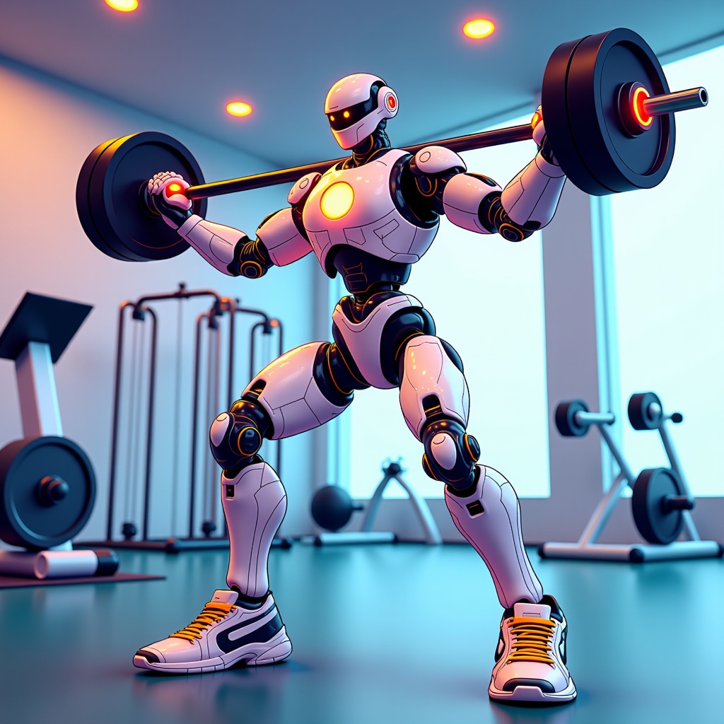  a robot in a gym, lifting a barbell with both hands. The robot is white with orange accents and has a helmet on its head. It is standing on a blue floor and is in the middle of a weightlifting exercise. In the background, there are various gym equipment and a large window. The image is animated, giving the impression that the robot is actively lifting the barbell.