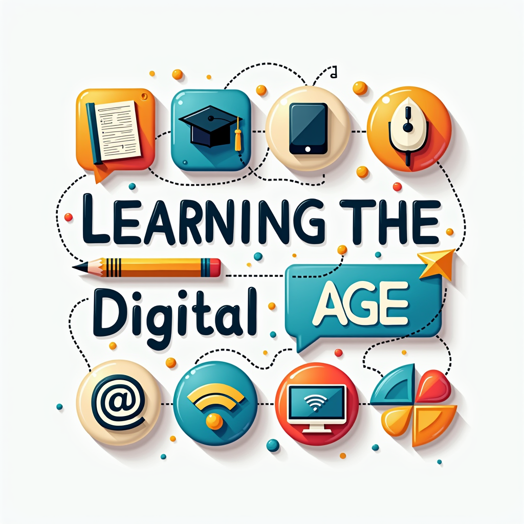 Use icons representing learning: a book, a pencil, a graduation cap. Arrange them so they transition or morph into digital icons: a mouse cursor, a Wi-Fi symbol, a computer screen. Title integrated within the flow.
