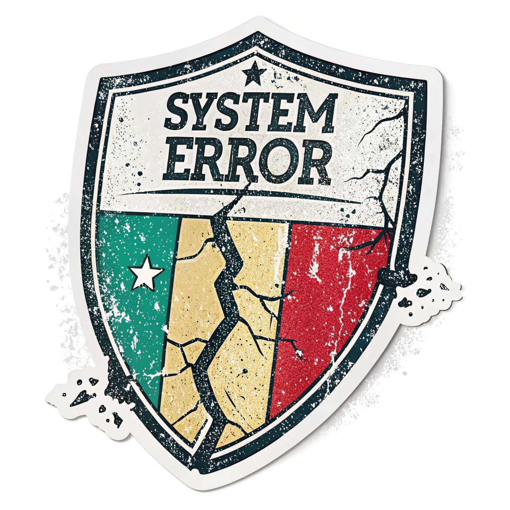 A traditional shield or padlock icon, central to the design, visibly breaking apart with scanlines, digital noise, and RGB color splits. 'SYSTEM ERROR' text is displayed boldly across it, also heavily glitched.